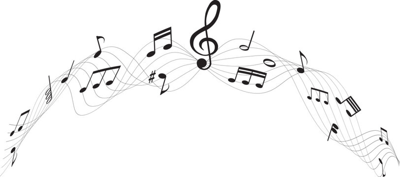 Abstract music notes and clef on wavy pentagram lines for musical stave composition and creative sound design	
