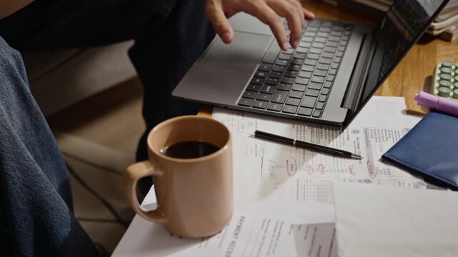 Asian young adult man paying utility bills online using laptop and credit card at home, camera tilting up. Footage is suitable for personal finance, online banking, and e-commerce marketing