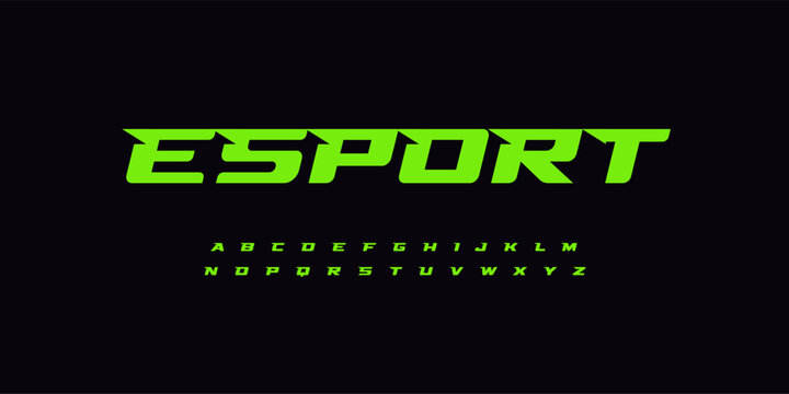 Esport alphabet, wide bold font for powerful dynamic lettering, swift automotive logo, energetic daring headline, car racing branding. Green letters on black BG. Vector typeset