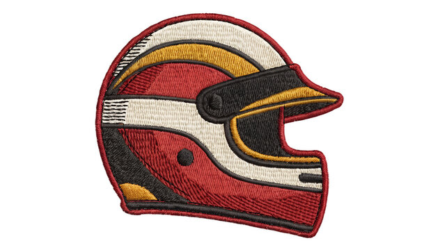 A bold embroidered fabric patch featuring a vintage professional racing helmet with a classic visor, dynamic three-quarter view, detailed colorful stitched threadwork, thick embroidered border, visibl