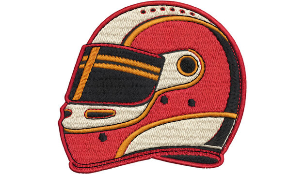 A bold embroidered fabric patch featuring a vintage professional racing helmet with a classic visor, dynamic three-quarter view, detailed colorful stitched threadwork, thick embroidered border, visibl