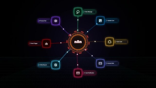 N8n workflow automation diagram with glowing neon nodes and connecting lines on a dark background representing digital process integration and data connectivity systems 4k Motion Video