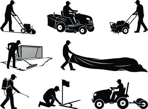Groundsman and Sports Field Maintenance Silhouette Set with Lawn Care Equipment