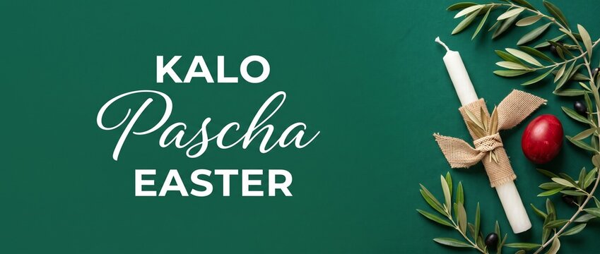 Greek Easter Kalo Pascha greeting card with white candle red egg and olive branch on dark green background horizontal banner template for traditional Orthodox spring holiday celebration religion