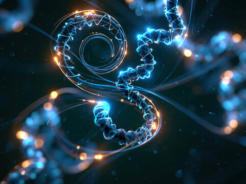 A digital artwork portraying Treponema pallidum spirochete bacteria and DNA in a vibrant, glowing blue-green bioluminescent scene, set against a dark background, with cinematic 3D model - AI-Generated