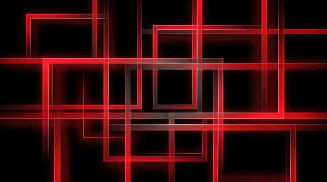 Glowing red geometric square shapes layered over a deep black background creating modern abstract digital patterns