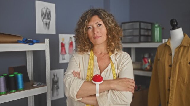 Woman dressmaker with yellow measuring tape and red wrist pincushion crossing arms beside mannequin, spools and sketches in a sewing studio; confidence.