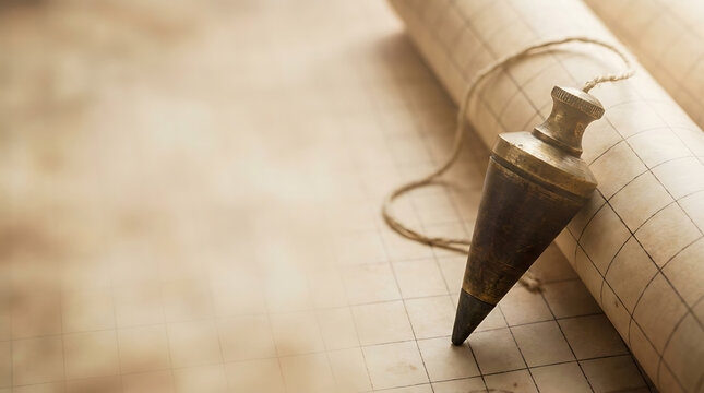 Vintage Brass Plumb Bob Tool Resting on Gridded Architectural Blueprint Paper for Precise Construction Measurement and Engineering Design