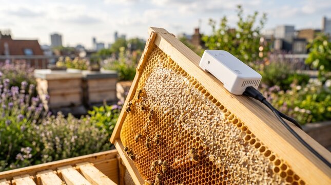Beehive frame with electronic sensor on a sunny urban rooftop garden