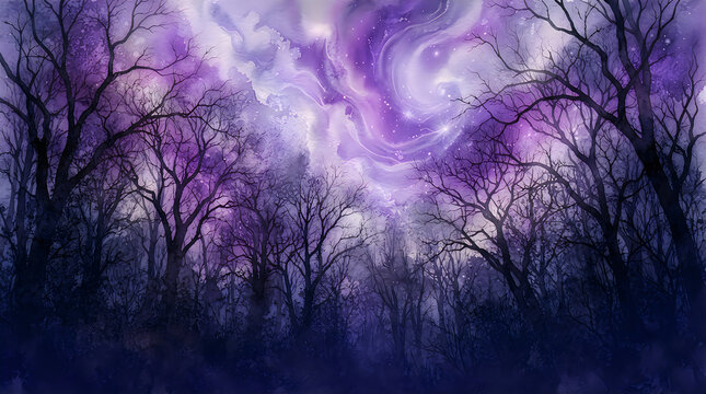 Ethereal purple nebula sky glowing over a dark silhouette forest of bare trees in a mystical night landscape