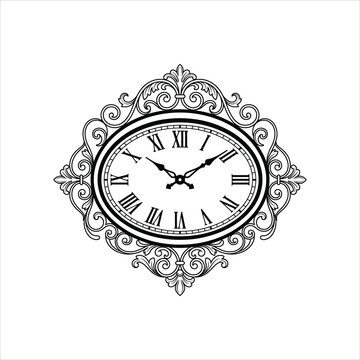 Ornate oval clock with Roman numerals and decorative scrollwork during a clean presentation isolated on white background