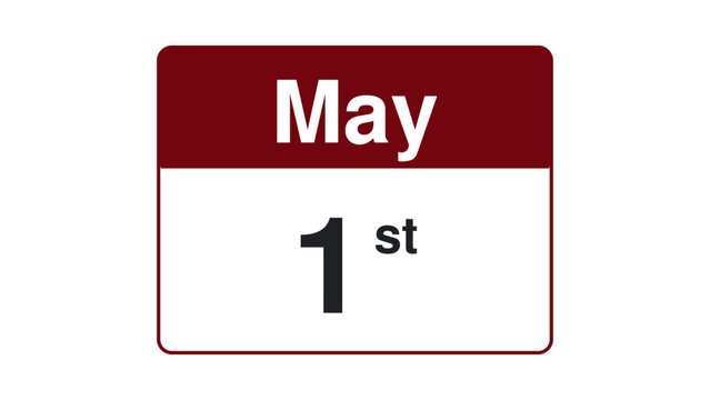May 1st calendar card with bold typography and maroon header