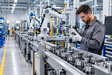 Fototapeta premium Smart Manufacturing Quality Control Specialist Inspecting Precision Components