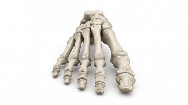 Anatomical representation of human foot skeletal structure showcasing delicate tarsals metatarsals and phalanges in an aseptic presentation for medical education and scientific research.