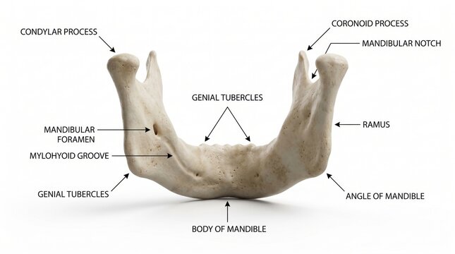 Anatomical rendering of the human mandible bone showcasing key features like the condylar process coronoid process and body vital for understanding dental structure and surgical planning presented for