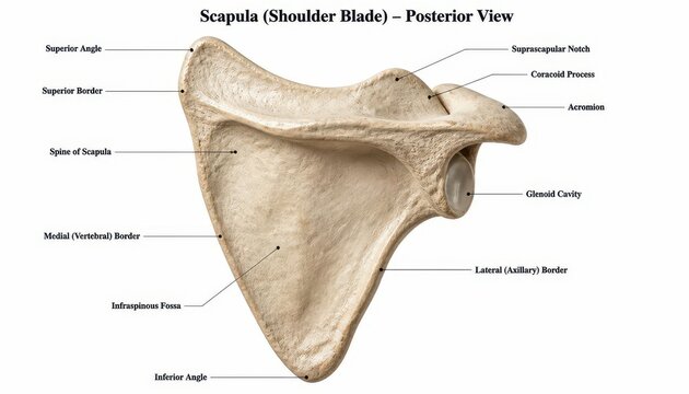 Posterior View of Human Scapula Shoulder Blade Anatomical Bone Structure with Labeled Features for Medical Education and Scientific Study Displays Demonstrating Skeletal Anatomy