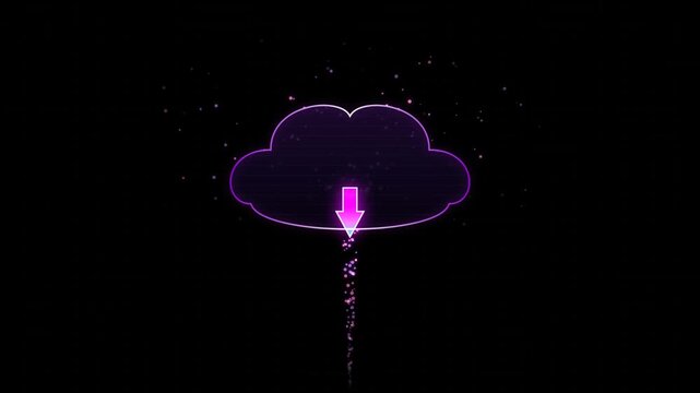 Glowing purple cloud icon with a download arrow symbol and sparkling particle effects on a dark black background for digital technology and internet data transfer concepts 4k Motion Video
