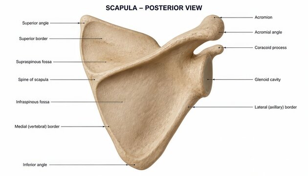 Posterior View of the Human Scapula with Anatomical Labels Understanding Shoulder Bone Structure for Medical Education and Anatomy Study Applications Featuring Spine Fossa and Processes