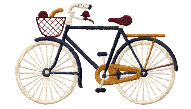 A vintage embroidered fabric patch featuring a classic touring bicycle with a small leather saddle and front basket, detailed stitched threadwork, thick embroidered border, visible woven textile textu