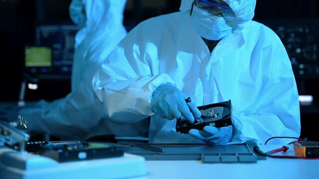 Tech professionals in cleanroom suits perform precise hard drive data recovery and hardware repair in futuristic, blue lit cyber security lab.
