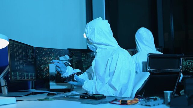 Tech professionals in cleanroom suits perform precise hard drive data recovery and hardware repair in futuristic, blue lit cyber security lab.