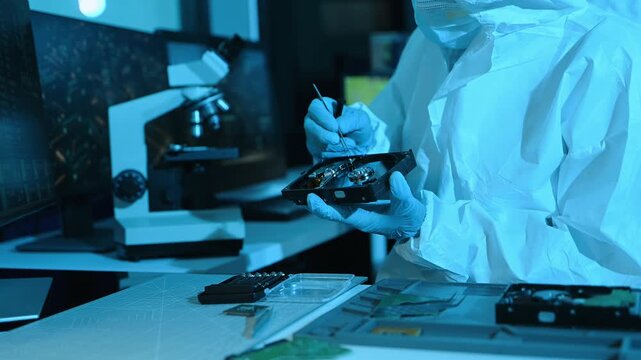 Tech professionals in cleanroom suits perform precise hard drive data recovery and hardware repair in futuristic, blue lit cyber security lab.