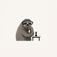 Fototapeta premium Sloth playing chess wearing glasses, thoughtful animal illustration