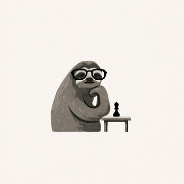 Sloth playing chess wearing glasses, thoughtful animal illustration