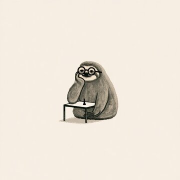 Sloth playing chess thinking slowly cute illustration