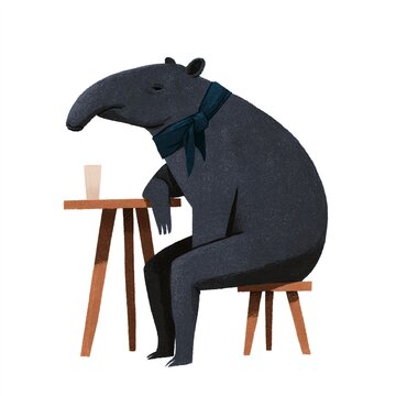Tapir Character Sitting at Cafe Table Drinking Illustration