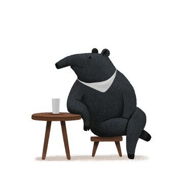 Malayan tapir sitting at table with drink in quirky illustration