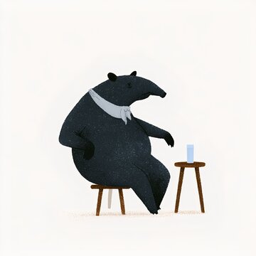 Cute tapir sitting on stool with glass of water cartoon illustration