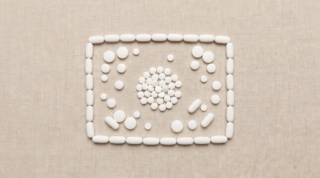 A rectangular frame made of white medical pills on a textured surface