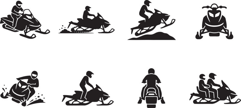 Snowmobile winter extreme sport motorized vehicle icons set