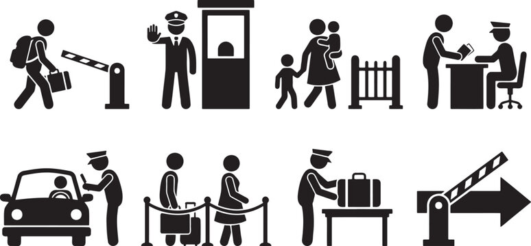 Border crossing checkpoint passport control customs icons set