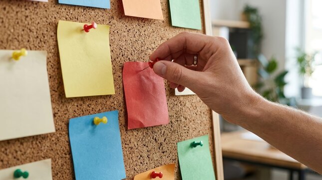 Hand pinning red sticky note to office cork board for organizing daily project management tasks efficiently