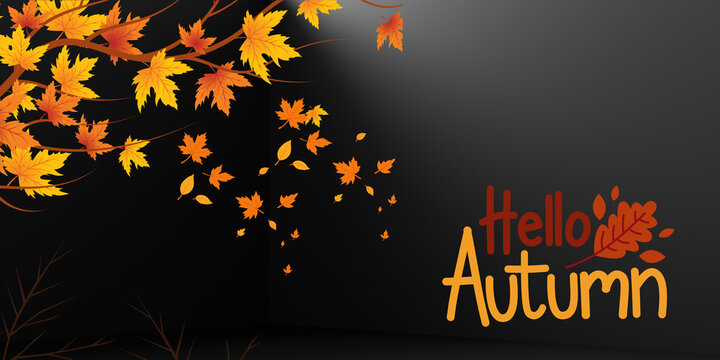 Autumn maple leaves on black background, Hello Autumn typography with orange foliage, seasonal fall banner for social media marketing
