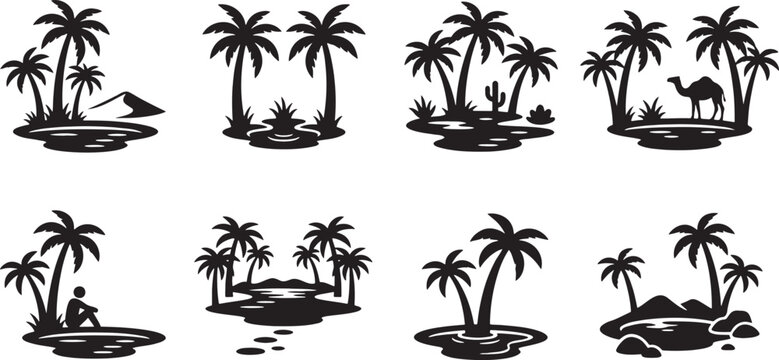 Desert oasis palm trees camel caravan silhouette icons