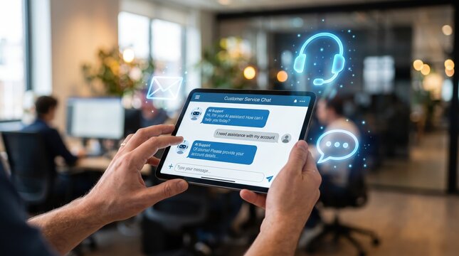 Modern customer service chat interface on tablet featuring AI virtual assistant conversation, support agent communication with floating headset and message icons, digital helpdesk