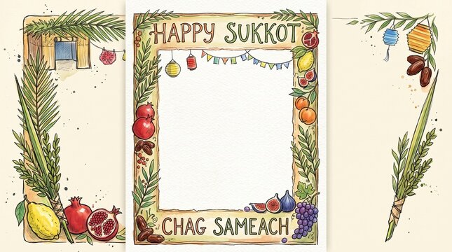 Festive Sukkot Greeting Card with Leafy Branches, Fruits, and Ornaments