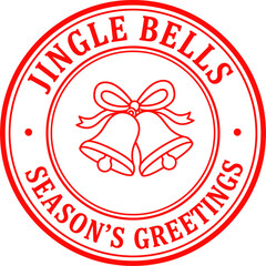 Red jingle bells stamp design with season greetings text for a merry christmas holiday card and decoration © Taj Mohammad