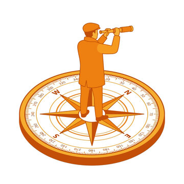 3d cartoon character standing on vintage navigation compass showing direction