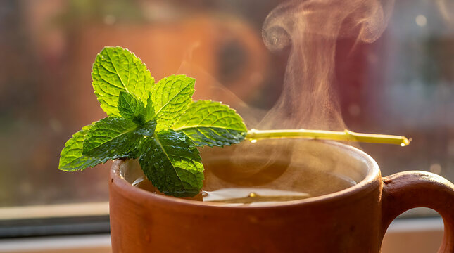 Fresh green mint sprig rests elegantly on the rim of a rustic clay mug filled with steaming hot herbal tea 