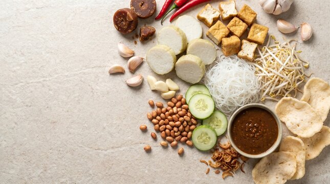 Traditional ketoprak ingredients arranged as an authentic Indonesian food story, featuring tofu, rice noodles, bean sprouts and peanut sauce for recipes, education and editorial use.