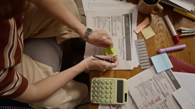Young adult Caucasian woman managing home finances, writing pay on sticky note and placing it on gas bill, high angle view. Footage is perfect for personal finance, inflation, and budgeting concepts