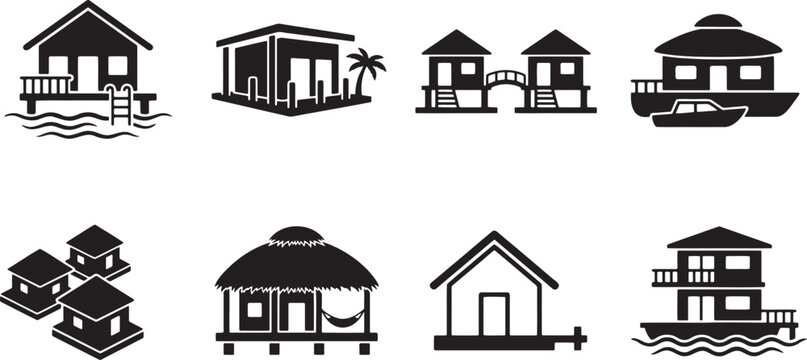 Overwater bungalow resort villa tropical island cabin icons set
