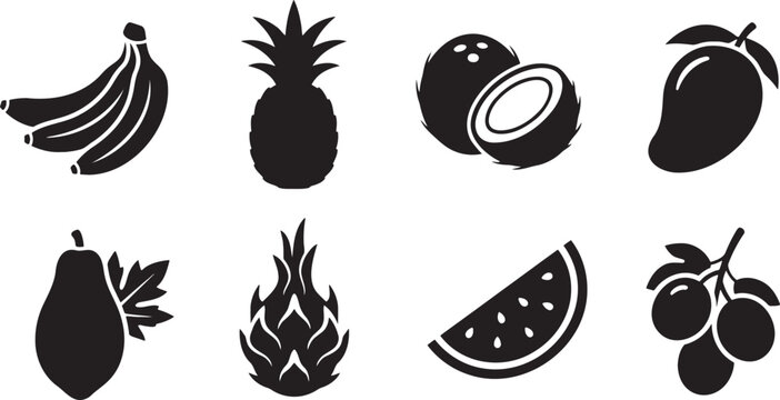 Tropical fruit silhouettes botanical agriculture food icons set