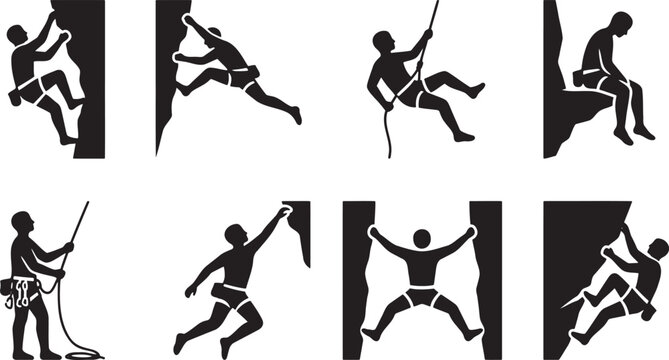 Rock climbing mountaineering extreme outdoor sports action icons