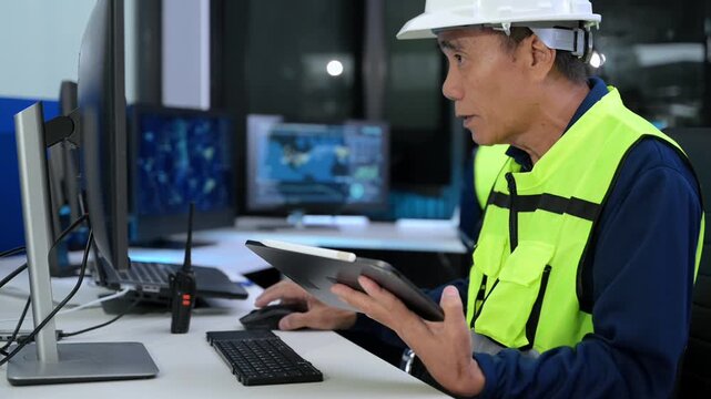 Asian engineer in headset analyzes radar screens and takes notes in a high-tech control room,