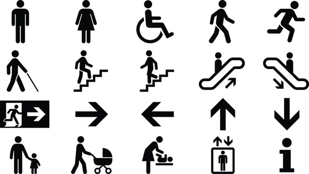 Public facility wayfinding vector icon set with accessibility, directional arrows, information, and stroller icons
